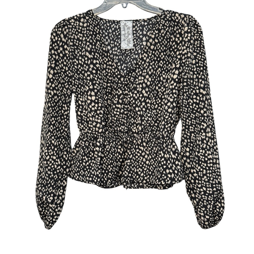 Sadie & Sage XS Peplum Blouse Black White Dot Print Long Sleeve